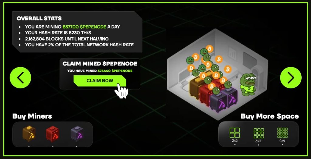 ضفدع عملة بيبي نود (PepeNode) في غرفته محاطاً بمعلومات حول لعبة التعدين الافتراضي