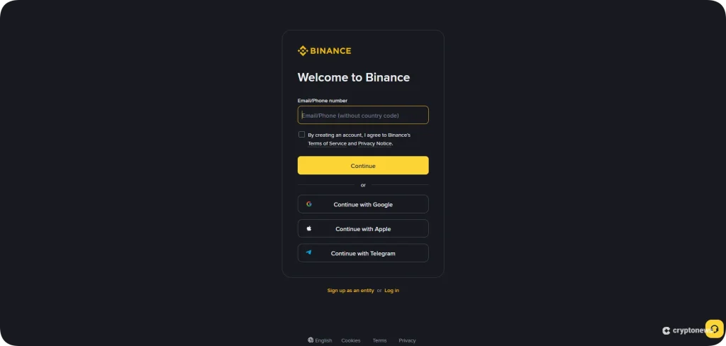 إنشاء حساب على Binance