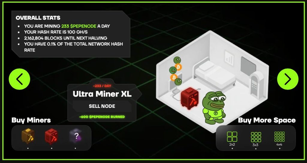 A data view of the player's mining room that shows the details